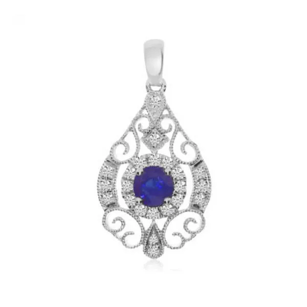 14K White Gold 3.25 mm Round Sapphire and Diamond Teardrop Fashion Pendant Ambassador Diamond Jewelers Tucson, AZ