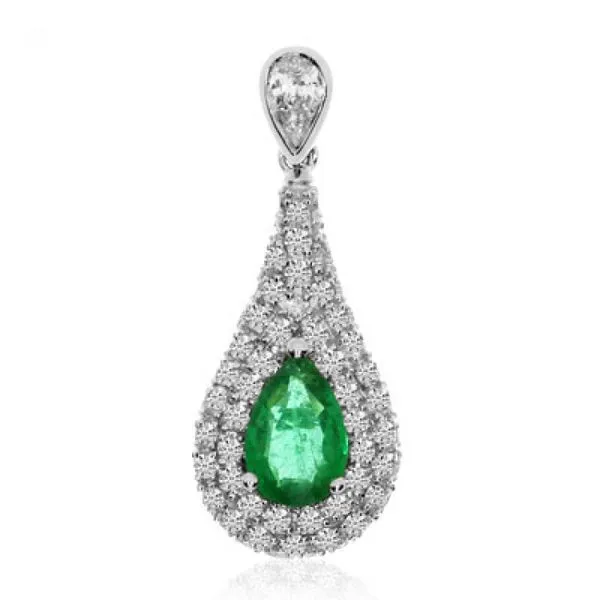 14K White Gold Pear Emerald and Pave AA Diamond Precious Pendant J. Meredith Jewelers Delafield, WI
