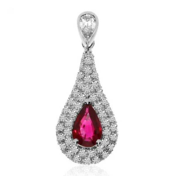 14K White Gold Pear Shape Ruby Pave AA Diamond Precious Pendant Ambassador Diamond Jewelers Tucson, AZ