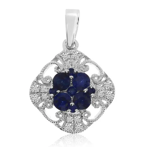 14K White Gold Round Sapphire and Diamond Filigree Precious Pendant Ambassador Diamond Jewelers Tucson, AZ