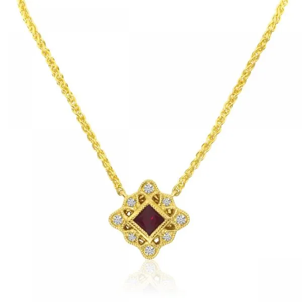 14K Yellow Gold Princess Ruby and Diamond Filigree Precious Necklace Ambassador Diamond Jewelers Tucson, AZ