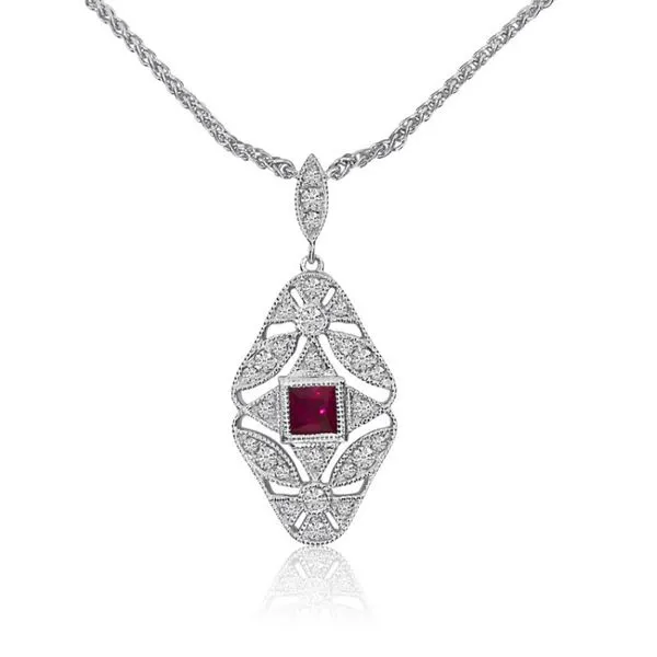 14K White Gold Princess Ruby and Diamond Filigree Precious Necklace Jimmy Smith Jewelers Decatur, AL