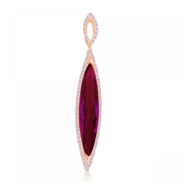 14K Rose Gold Elongated Marquise Rhodalite Garnet and Diamond Halo Pendant Moseley Diamond Showcase Inc Lexington, SC