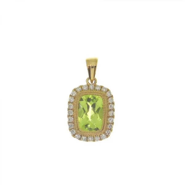 14K Yellow Gold Cushion Peridot and Diamond Halo Semi Precious Pendant Ambassador Diamond Jewelers Tucson, AZ