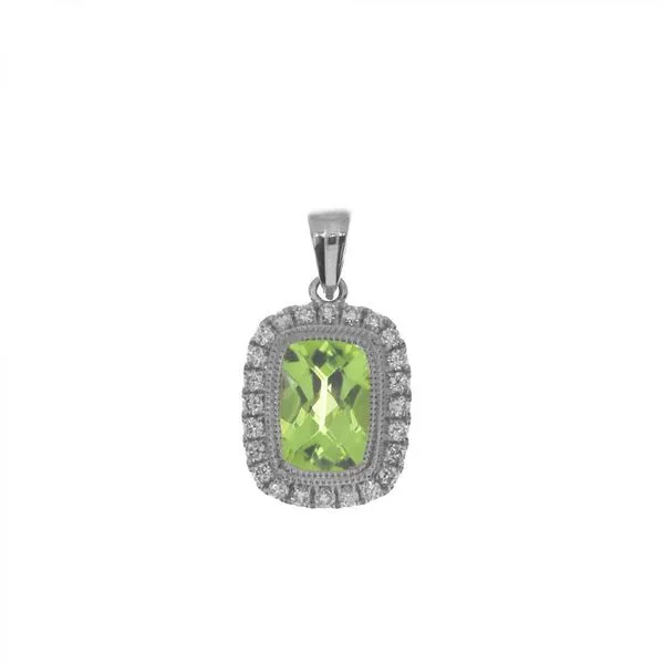 14K White Gold Cushion Peridot and Diamond Halo Semi Precious Pendant J. Meredith Jewelers Delafield, WI