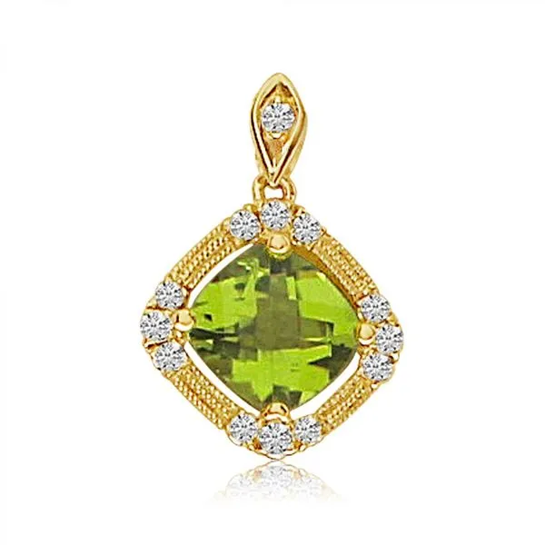 14K Yellow Gold 8mm Cushion Peridot and Diamond Semi Precious Beaded Pendant J. Meredith Jewelers Delafield, WI