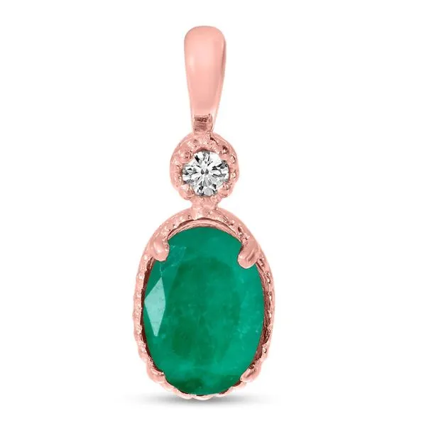 10K Rose Gold Oval Emerald and Diamond Millgrain Birthstone Pendant J. Meredith Jewelers Delafield, WI