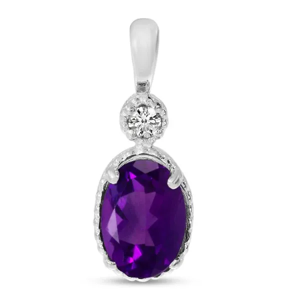 10K White Gold Oval Amethyst and Diamond Millgrain Birthstone Pendant J. Meredith Jewelers Delafield, WI