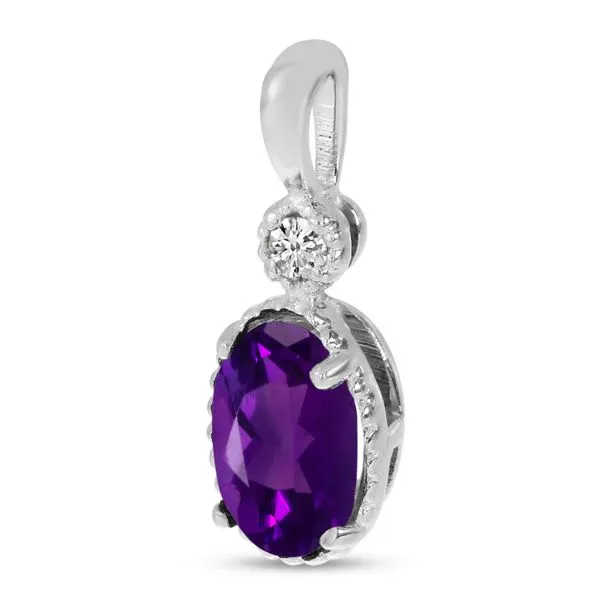10K White Gold Oval Amethyst and Diamond Millgrain Birthstone Pendant Image 2 Ambassador Diamond Jewelers Tucson, AZ
