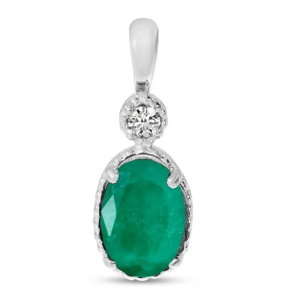 14K White Gold Oval Emerald Millgrain Birthstone Pendant Ambassador Diamond Jewelers Tucson, AZ