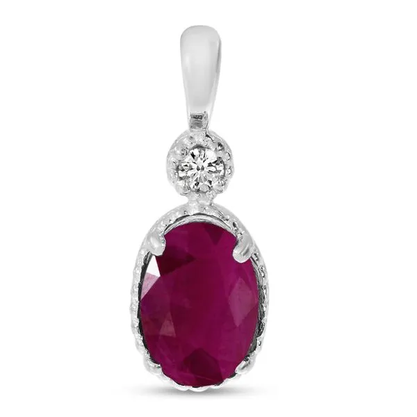 14K White Gold Oval Ruby Millgrain Birthstone Pendant Ambassador Diamond Jewelers Tucson, AZ