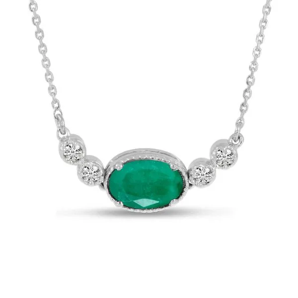 14K White Gold Oval Emerald  Birthstone Millgrain Necklace The Jewelry Source El Segundo, CA