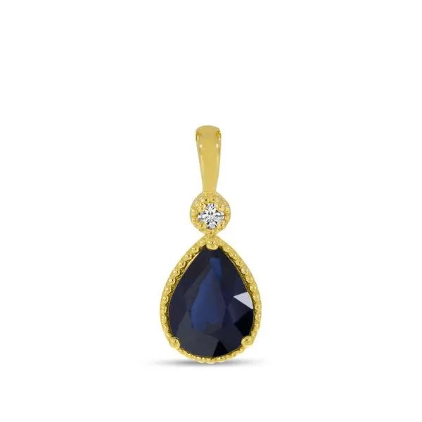 14K Yellow Gold Pear Sapphire With Diamond Millgrain Birthstone Pendant Ambassador Diamond Jewelers Tucson, AZ