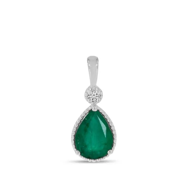 14K White Gold Pear Emerald With Diamond Millgrain Birthstone Pendant Clater Jewelers Louisville, KY