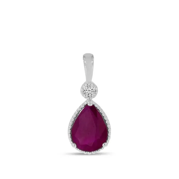 14K White Gold Pear Ruby With Diamond Millgrain Birthstone Pendant Ambassador Diamond Jewelers Tucson, AZ