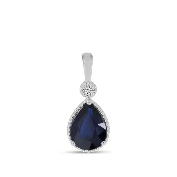 14K White Gold Pear Sapphire With Diamond Millgrain Birthstone Pendant Clater Jewelers Louisville, KY