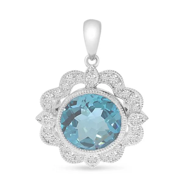14K White Gold Round Aquamarine and Diamond Millgrain Pendant Clater Jewelers Louisville, KY