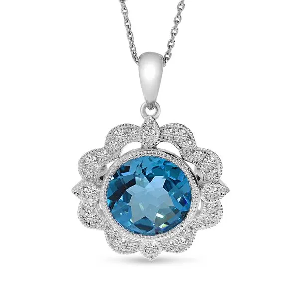 14K White Gold Round Blue Topaz and Diamond Millgrain Pendant Ambassador Diamond Jewelers Tucson, AZ