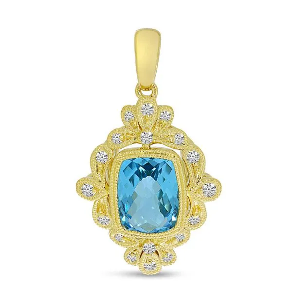 14K Yellow Gold Blue Topaz Cushion with Diamond Milgrain Pendant Ambassador Diamond Jewelers Tucson, AZ