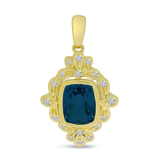 14K Yellow Gold London Blue Topaz Cushion with Diamond Milgrain Pendant J. Meredith Jewelers Delafield, WI