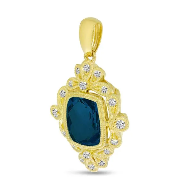 14K Yellow Gold London Blue Topaz Cushion with Diamond Milgrain Pendant Image 2 The Jewelry Source El Segundo, CA