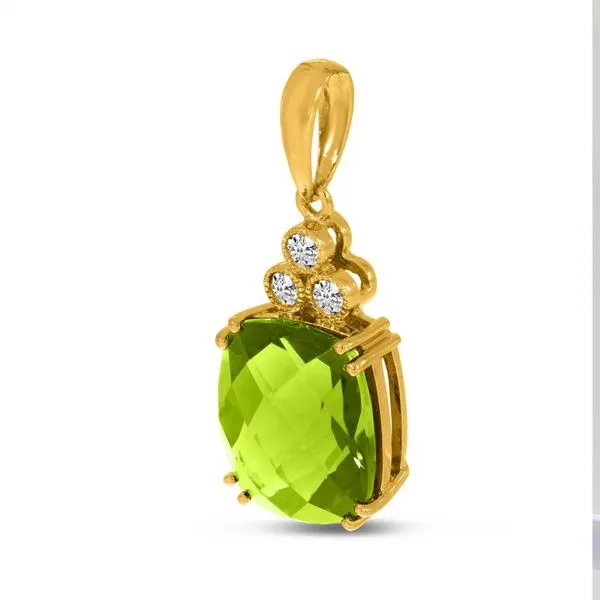 14K Yellow Gold Cushion Peridot and Diamond Pendant Image 2 J. Meredith Jewelers Delafield, WI