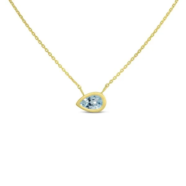 14K Yellow Gold Pear Aquamarine East to West Birthstone Necklace Ambassador Diamond Jewelers Tucson, AZ