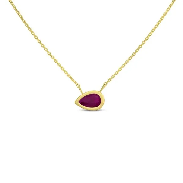 14K Yellow Gold Pear Ruby East to West Birthstone Necklace Ambassador Diamond Jewelers Tucson, AZ