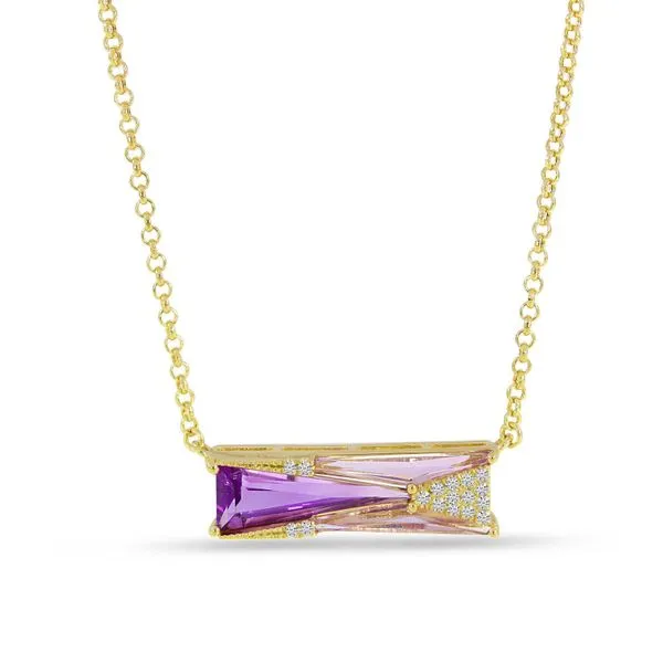 14K Yellow Gold Double Geometric Trillion Amethyst and Diamond 18 inch Necklace J. Meredith Jewelers Delafield, WI
