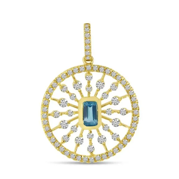 14K Yellow Gold Octagon Blue Topaz and Scattered Diamond Disc Pendant Ambassador Diamond Jewelers Tucson, AZ