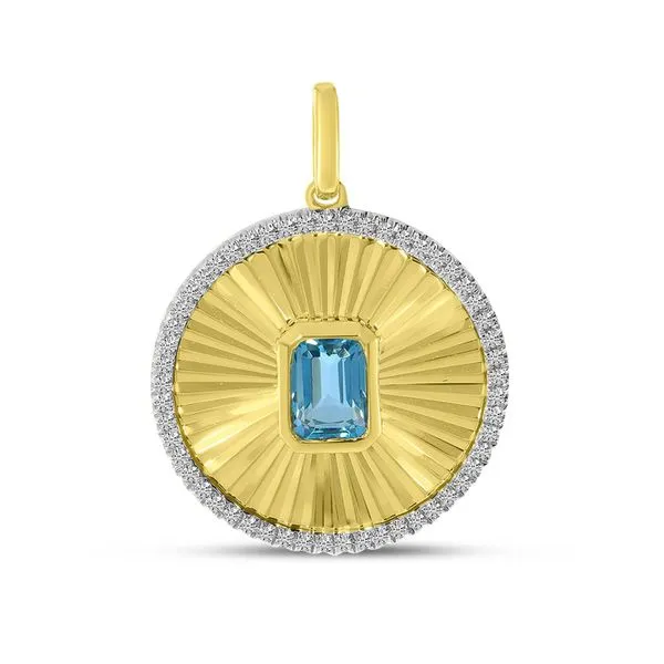 14K Yellow Gold Octagon Blue Topaz and Diamond Fluted Disc Pendant Ambassador Diamond Jewelers Tucson, AZ