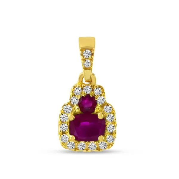 14K Yellow Gold Emerald Cut Ruby and Diamond Halo Precious Pendant Ambassador Diamond Jewelers Tucson, AZ