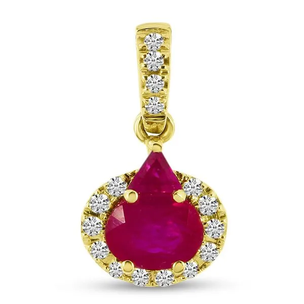 14K Yellow Gold Oval and Trillion Ruby Diamond Halo Precious Pendant Ambassador Diamond Jewelers Tucson, AZ