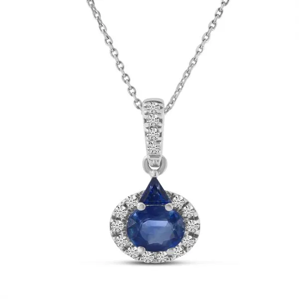 14K White Gold Oval and Trillion Sapphire Diamond Halo Precious Pendant Ambassador Diamond Jewelers Tucson, AZ