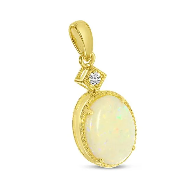 14K Yellow Gold Oval Opal Ring Pendant with Diamond Millgran Details Image 2 Ambassador Diamond Jewelers Tucson, AZ