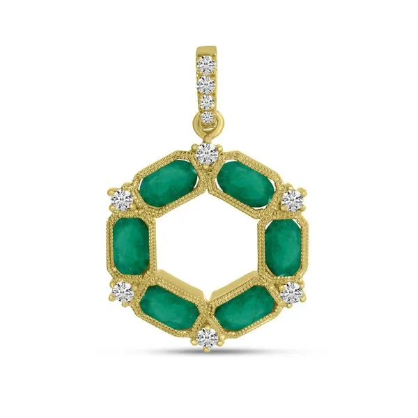 14K Yellow Gold Oval Emerald and Diamond Hexagon Circle Pendant Image 2 Ambassador Diamond Jewelers Tucson, AZ