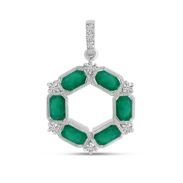 14K Yellow Gold Oval Emerald and Diamond Hexagon Circle Pendant Image 3 Ambassador Diamond Jewelers Tucson, AZ