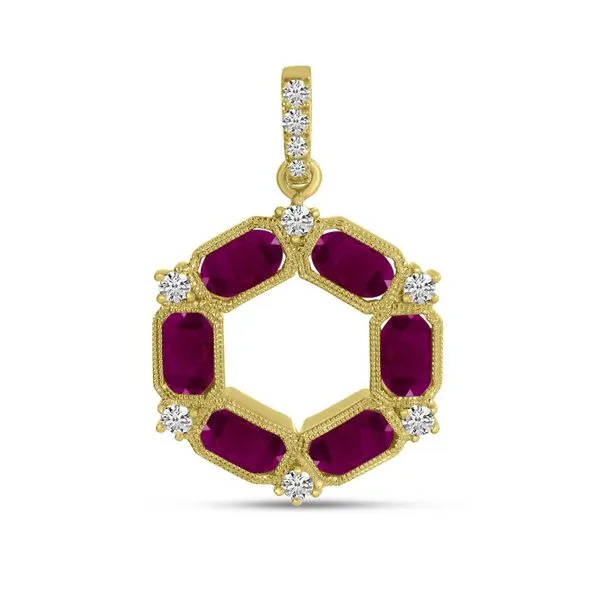 14K Yellow Gold Oval Ruby and Diamond Hexagon Circle Pendant Ambassador Diamond Jewelers Tucson, AZ