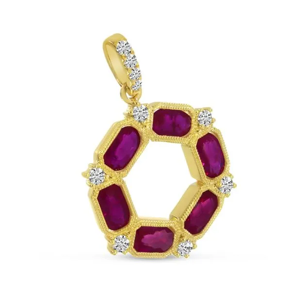 14K Yellow Gold Oval Ruby and Diamond Hexagon Circle Pendant Image 4 Ambassador Diamond Jewelers Tucson, AZ