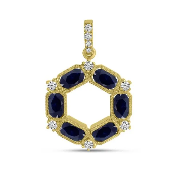 14K Yellow Gold Oval Sapphire and Diamond Hexagon Circle Pendant Image 2 Ambassador Diamond Jewelers Tucson, AZ