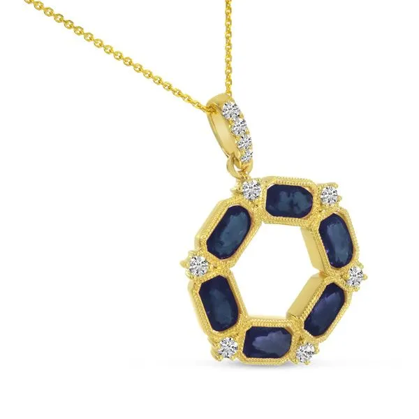 14K Yellow Gold Oval Sapphire and Diamond Hexagon Circle Pendant Image 5 Ambassador Diamond Jewelers Tucson, AZ