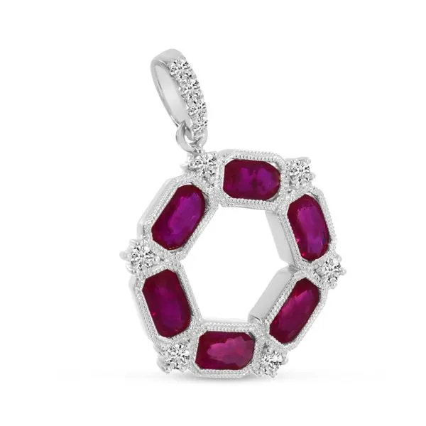 14K White Gold Oval Ruby and Diamond Hexagon Circle Pendant Davidson Jewelers East Moline, IL