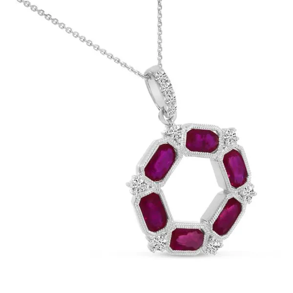 14K White Gold Oval Ruby and Diamond Hexagon Circle Pendant Image 3 Davidson Jewelers East Moline, IL