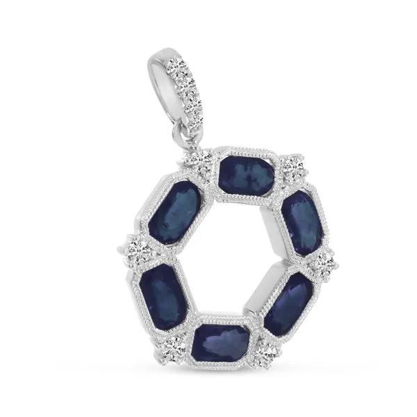 14K White Gold Oval Sapphire and Diamond Hexagon Circle Pendant Image 2 Ambassador Diamond Jewelers Tucson, AZ