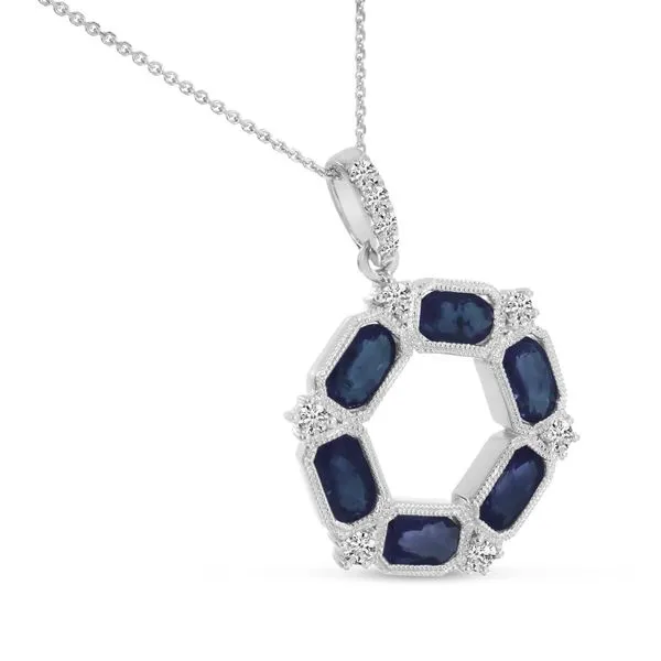 14K White Gold Oval Sapphire and Diamond Hexagon Circle Pendant Image 3 Ambassador Diamond Jewelers Tucson, AZ