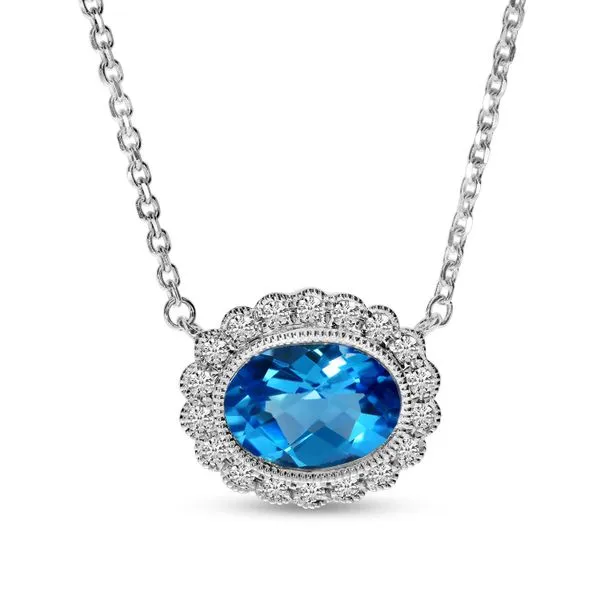 14K White Gold Blue Topaz with Diamond Halo Oval Necklace Ambassador Diamond Jewelers Tucson, AZ