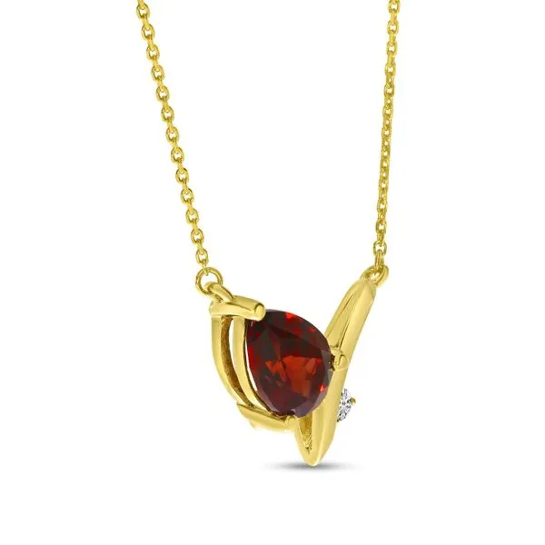 14K Yellow Gold Pear Garnet and Diamond Swirl Necklace Woelk's House of Diamonds Russell, KS