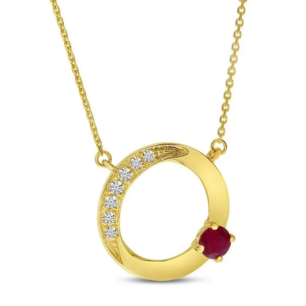 14K Yellow Gold Ruby and Diamond Open Circle Necklace Image 2 Clater Jewelers Louisville, KY