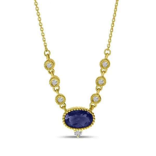 14k Yellow Gold Sapphire Oval with Diamond Milgrain Bezel Necklace Ambassador Diamond Jewelers Tucson, AZ