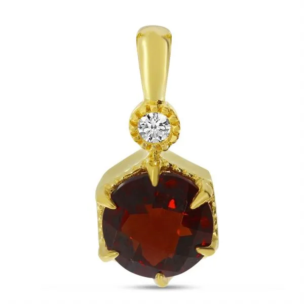 14K Yellow Gold Round Garnet Hexagon Milgrain Diamond Pendant Davidson Jewelers East Moline, IL